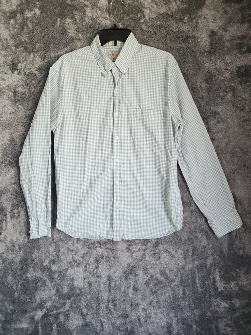 J Crew Mens sz L Button Up Shirt Mint Gingham Plaid Long Sleeve Slim Fit EUC
